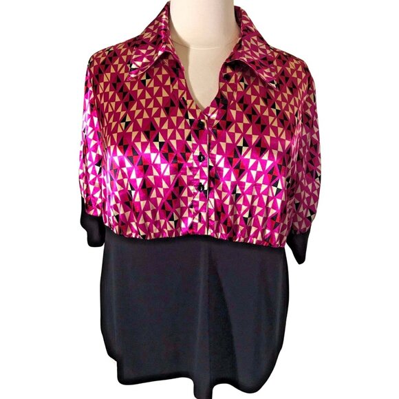 Lane Bryant Women’s Size 22/24 Pink Black Geometric Button Front Blouse - Picture 1 of 7
